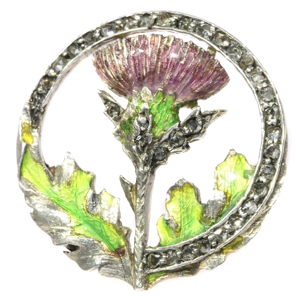 Late Victorian early Art Nouveau enameled thistle brooch with rose cut diamonds